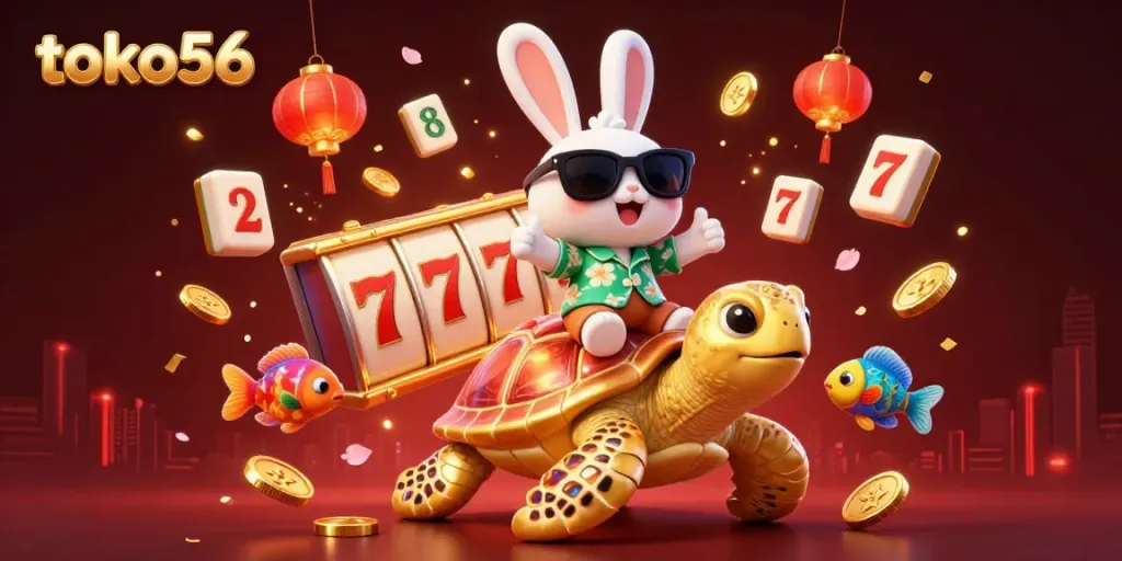 Experience exciting gameplay at toko56 with a lucky rabbit and golden turtle in a vibrant casino scene.