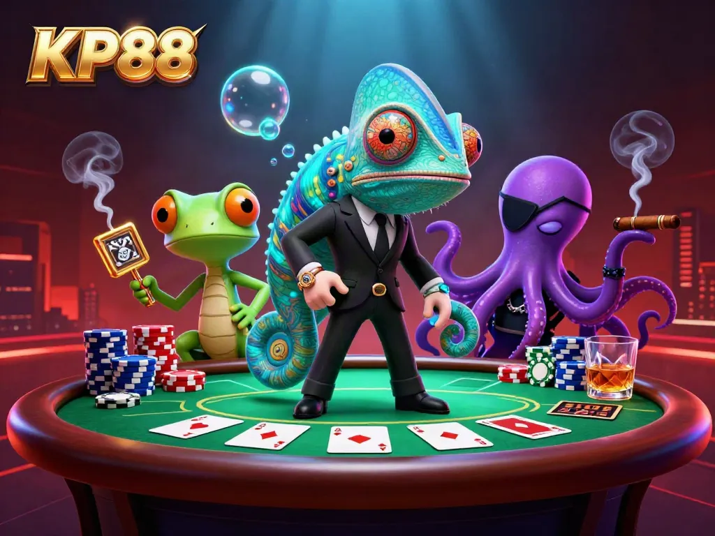 Engage in thrilling card games at KP88 with vibrant 3D characters and casino elements.