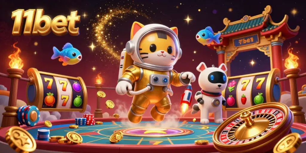 Experience thrilling gaming at 11bet with a vibrant cosmic casino scene featuring a space astronaut cat.