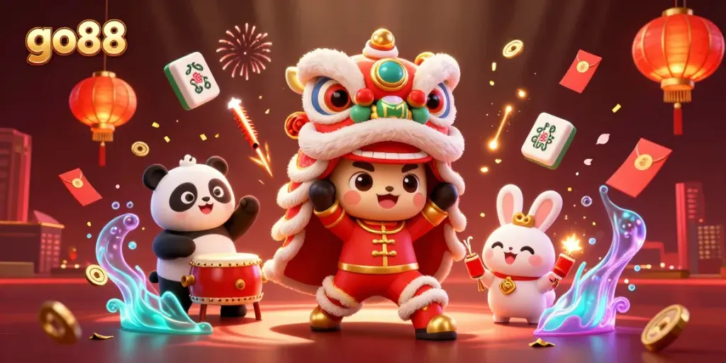 Engage with go88's vibrant casino experience featuring iconic characters in a lively celebration.