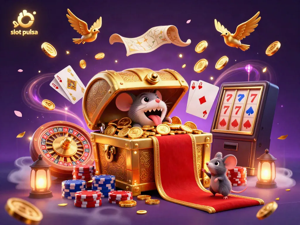 Win big with slot pulsa adventures in this vibrant casino-themed illustration.